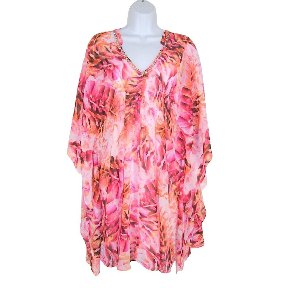 Jennifer Lopez JLO Pink Floral Dress XS Short Flowy Kimono Sleeve Rhinestone